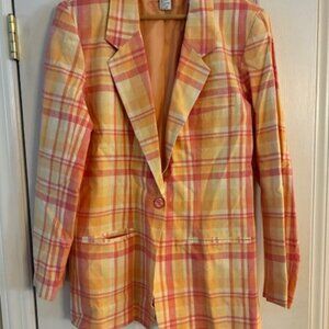 Adolfo Studios Women's Peach Yellow Plaid Cotton Linen Lined Blazer Size 14